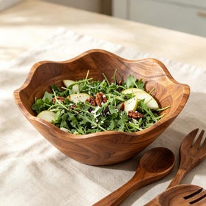 Hand Carved Wavy Wooden Salad Bowl, Handmade Teak Serving Bowl for Salad Fruit Pasta, Rustic Farmhouse Kitchen & Wedding Table Decor