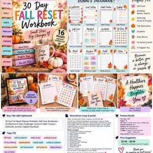 Könnte beinhalten: Ein 16-seitiges 30 Day Fall Reset Workbook als digitaler Download mit einer Sammlung druckbarer Planerseiten, darunter ein Gewohnheitstracker, ein Dankbarkeitstagebuch, ein Stimmungstracker und eine herbstliche Aktivitätenliste.