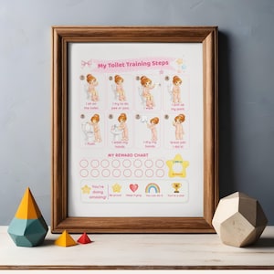 May include: A framed print with a wooden frame featuring a "My Toilet Training Steps" chart. The chart includes illustrations of steps and a reward chart with encouraging phrases and icons. The print is displayed on a white surface.