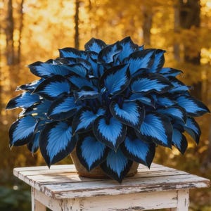 May include: A vibrant blue and black hosta plant in a rustic pot. The plant's large leaves have a striking color contrast, with blue centers and dark edges. The plant sits on a white wooden table, with a blurred, golden-toned background.