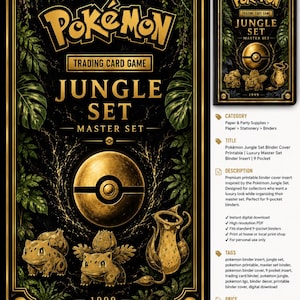 May include: A black and gold Pokémon Jungle Set binder cover with the text "Pokémon Trading Card Game Jungle Set Master Set 1999". The design includes a Poké Ball, Bulbasaur, and other jungle-themed illustrations. The binder is 8.5 x 11 inches.