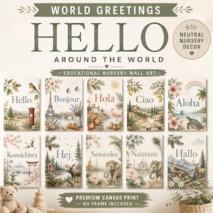 May include: A set of ten rectangular wall art prints featuring the text World Greetings Hello Around The World. Each print displays a unique international greeting like Hello, Bonjour, Hola, Ciao, Aloha, Konnichiwa, Hej, Sawasdee, Namaste, and Hallo.