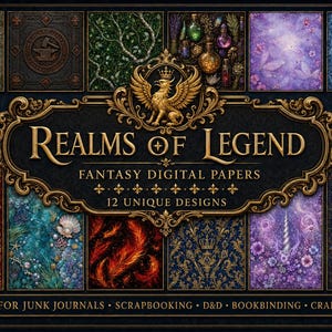 May include: A collection of 12 digital papers titled Realms of Legend, featuring fantasy-themed designs including stone textures, potion bottles, floral patterns, and mythical creatures. The set is 12 inches by 12 inches at 300 DPI in PNG format.