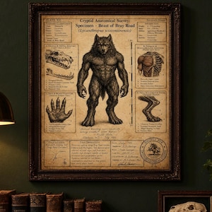Opgerolde poster 'Beast of Bray Road Cryptid Anatomy' | Vintage cryptozoologie muurdecoratie, Dark Academia kantoordecoratie