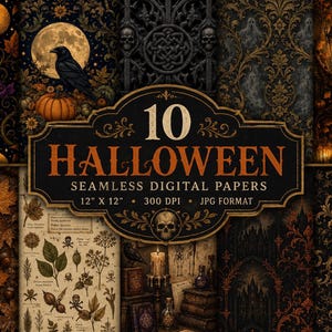 Op de afbeelding: Een collectie van 10 naadloze digitale Halloween-papieren met donkere, sierlijke patronen van pompoenen, raven, schedels, herfstbladeren en gotische architectuur. Het centrale label bevat de tekst 10 HALLOWEEN SEAMLESS DIGITAL PAPERS.