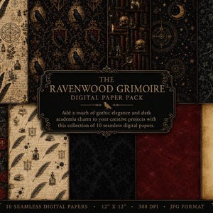 May include: A digital paper pack titled The Ravenwood Grimoire featuring ten seamless patterns with dark motifs including ravens, skulls, vintage script, wax seals, keys, and celestial elements in black, cream, deep red, and brown colour palettes.