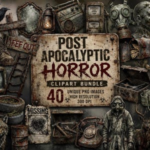 Puede incluir: Un paquete de imágenes digitales con 40 elementos de temática de terror postapocalíptico. El letrero central muestra el texto POST APOCALYPTIC HORROR CLIPART BUNDLE 40 UNIQUE PNG IMAGES HIGH RESOLUTION 300 DPI junto a máscaras de gas.