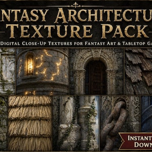 May include: A digital collection titled Fantasy Architecture Texture Pack featuring 20 close-up textures for fantasy art and tabletop games. The image displays various architectural surfaces including stone walls, thatched roofs, and ornate arches.