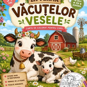 Puede incluir: Un libro para colorear para niños titulado LA FERMA VĂCUȚELOR VESELE con una vaca y un ternero de dibujos animados en un prado. La portada muestra un granero rojo, un molino de viento y un letrero de madera con texto. Un recuadro circular muestra un dibujo.