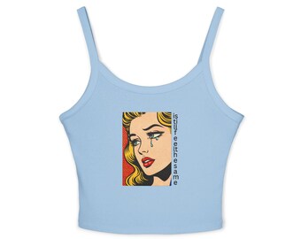 Regata de alças finas com mulher chorando em estilo pop art | Ilustração retrô de rasgo em quadrinhos