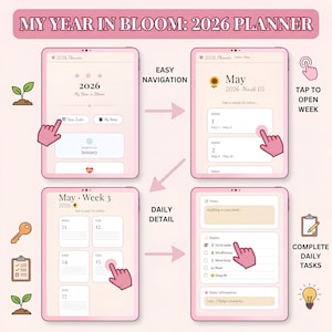 May include: A digital planner interface titled "MY YEAR IN BLOOM: 2026 PLANNER" with pink and beige tones. The planner displays navigation, weekly views, and daily detail options. Features include a calendar, habit tracking, and daily affirmations.