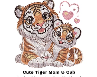 Ricamo di una mamma tigre con il suo cucciolo / Schema per ricamo a macchina di una famiglia di animali (Download digitale)
