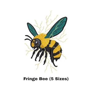 Puede incluir: Un diseño de bordado de una abeja con cuerpo a rayas amarillas y negras, alas color verde azulado y patas negras. La abeja está rodeada por finas líneas amarillas ramificadas que parecen rayos o flecos. El texto debajo dice Fringe Bee (5 Sizes).