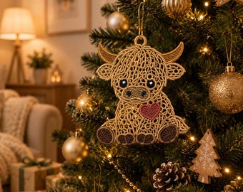 May include: A gold-colored, embroidered Highland cow ornament featuring a detailed, swirling thread pattern, dark brown hooves, and a small red heart on its chest. The ornament hangs from a gold loop, showcasing intricate stitching and a textured design.
