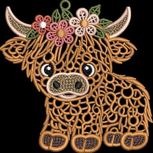 May include: A brown embroidered Highland cow design featuring a tan muzzle, black eyes, and a floral crown with pink flowers and green leaves. The embroidery uses a looped, open-work stitch pattern to create the texture of the cow's fur.