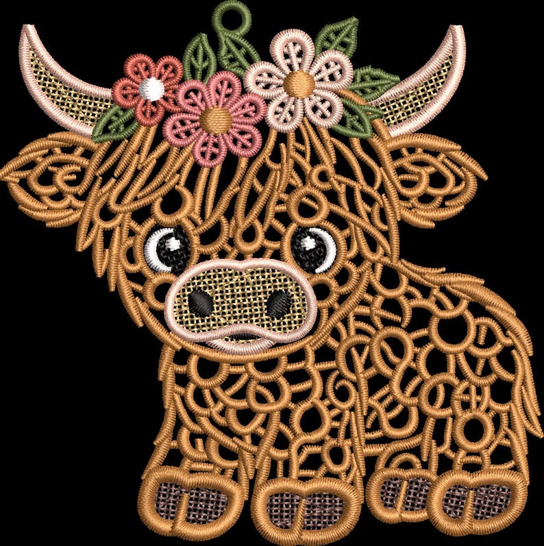 May include: A brown embroidered Highland cow design featuring a tan muzzle, black eyes, and a floral crown with pink flowers and green leaves. The embroidery uses a looped, open-work stitch pattern to create the texture of the cow's fur.