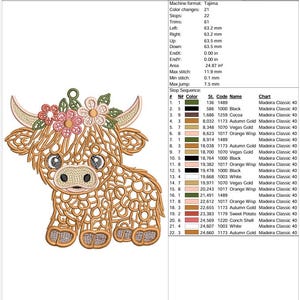 May include: A production worksheet for an embroidery design titled Floral Highland Cow 5in. The document displays technical specifications, a stop sequence table, and a graphic illustration of a Highland cow with floral accents in shades of brown.
