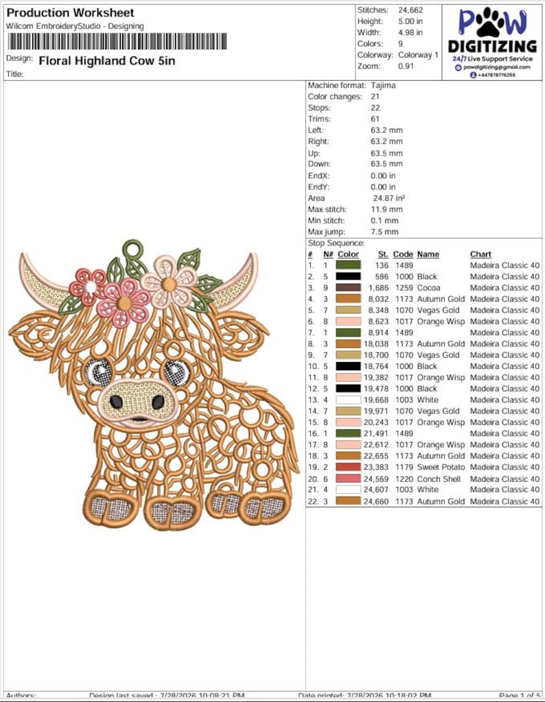 May include: A production worksheet for an embroidery design titled Floral Highland Cow 5in. The document displays technical specifications, a stop sequence table, and a graphic illustration of a Highland cow with floral accents in shades of brown.
