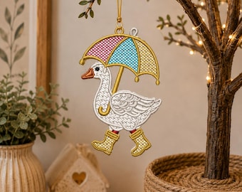 Disegno per ricamo Goose Umbrella FSL / Ornamento in pizzo autoportante (Download digitale)