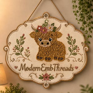 May include: A decorative wall hanging featuring an embroidered Highland cow calf with a floral crown, flanked by leafy sprigs. The text ModernEmbThreads is stitched in brown thread below the calf, accented by small pink hearts and a central flower.