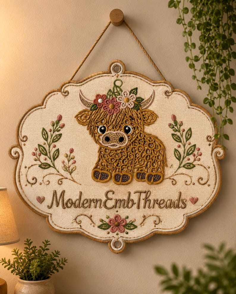 May include: A decorative wall hanging featuring an embroidered Highland cow calf with a floral crown, flanked by leafy sprigs. The text ModernEmbThreads is stitched in brown thread below the calf, accented by small pink hearts and a central flower.