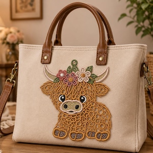 May include: A beige canvas tote bag featuring a brown embroidered Highland cow with a floral crown. The bag includes two brown leather-look top handles, brass-toned hardware, and a detachable shoulder strap with metal lobster claw clasps.