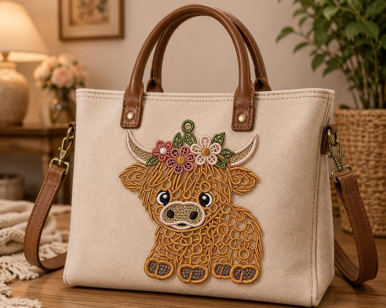 May include: A beige canvas tote bag featuring a brown embroidered Highland cow with a floral crown. The bag includes two brown leather-look top handles, brass-toned hardware, and a detachable shoulder strap with metal lobster claw clasps.
