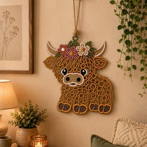 May include: A decorative wall hanging featuring a brown Highland cow made of intricate lace-like embroidery. The cow has a floral crown with pink and white flowers, curved horns, and a textured body, suspended by a cord with a wooden bead.
