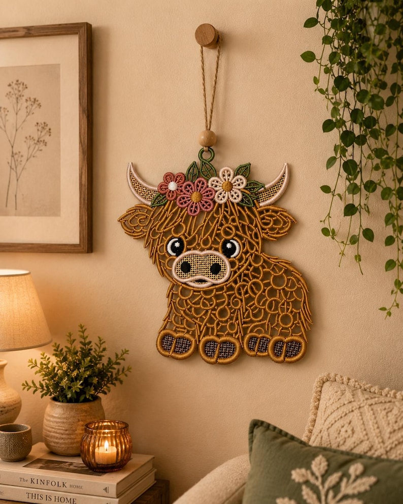 May include: A decorative wall hanging featuring a brown Highland cow made of intricate lace-like embroidery. The cow has a floral crown with pink and white flowers, curved horns, and a textured body, suspended by a cord with a wooden bead.
