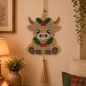 May include: A beige macrame wall hanging shaped like a Highland cow with embroidered details. The cow features green holly leaves with red berries, dark brown hooves, and a long beige tassel hanging from the bottom, suspended by a cord.