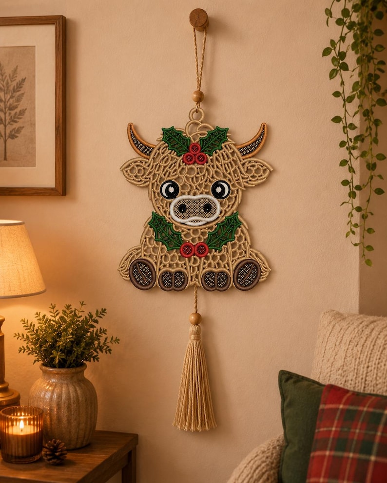 May include: A beige macrame wall hanging shaped like a Highland cow with embroidered details. The cow features green holly leaves with red berries, dark brown hooves, and a long beige tassel hanging from the bottom, suspended by a cord.