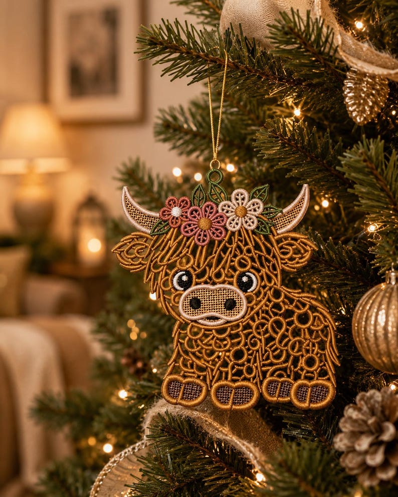 May include: A brown Highland cow ornament featuring intricate embroidery with a lace-like texture. The cow has a floral crown with pink and white flowers between its horns and is suspended by a thin gold string for hanging on a tree.