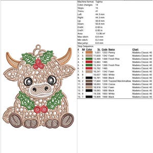 May include: A production worksheet for an embroidery design titled Holly Highland Cow 4in. The document displays technical specifications, a stitch sequence table, and a graphic of a tan cow with holly leaves and red berries on its head and chest.