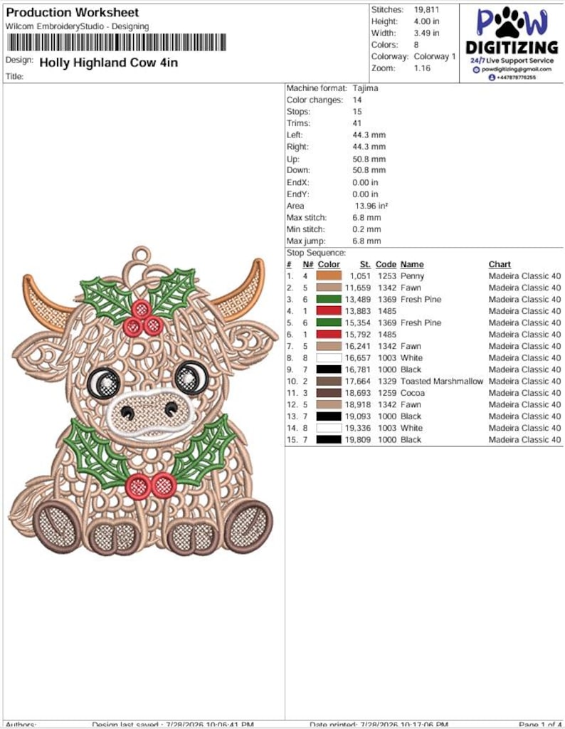 May include: A production worksheet for an embroidery design titled Holly Highland Cow 4in. The document displays technical specifications, a stitch sequence table, and a graphic of a tan cow with holly leaves and red berries on its head and chest.
