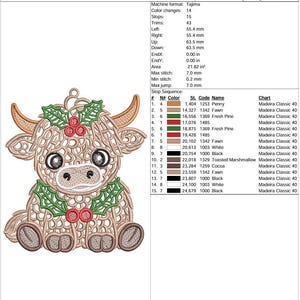 May include: A production worksheet for an embroidery design titled Holly Highland Cow 5in. The document displays technical specifications, a stop sequence table, and a graphic illustration of a tan cow with holly leaves and red berries.