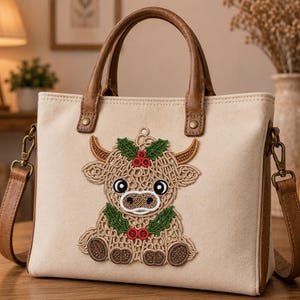 May include: A beige canvas tote bag featuring a brown leather handle and trim. The front displays an embroidered design of a fluffy highland cow adorned with green holly leaves and red berries, attached with antique brass-toned metal hardware.