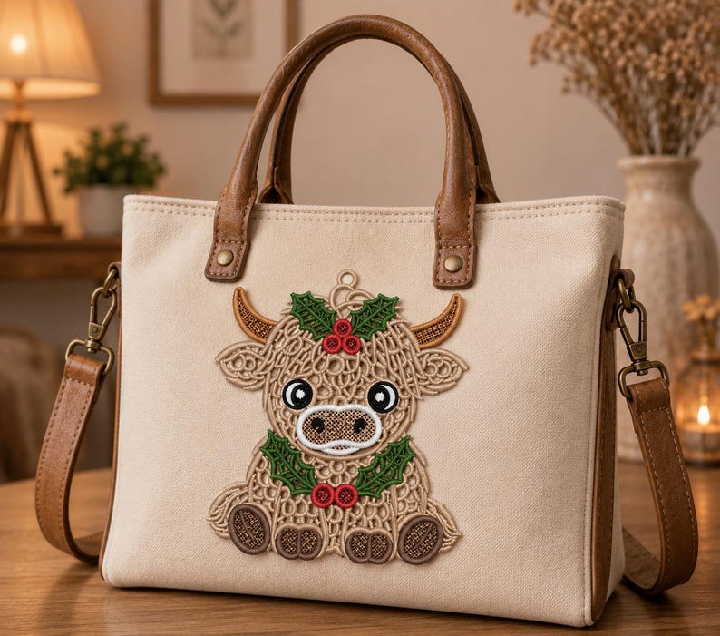 May include: A beige canvas tote bag featuring a brown leather handle and trim. The front displays an embroidered design of a fluffy highland cow adorned with green holly leaves and red berries, attached with antique brass-toned metal hardware.