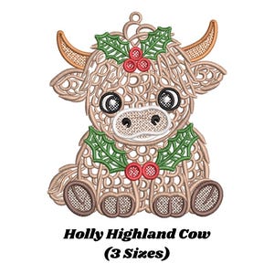 May include: An embroidery design of a tan Highland cow with a curly line pattern, featuring green holly leaves and red berries on its head and neck. The text below reads Holly Highland Cow (3 Sizes) in a bold black serif font on a white background.