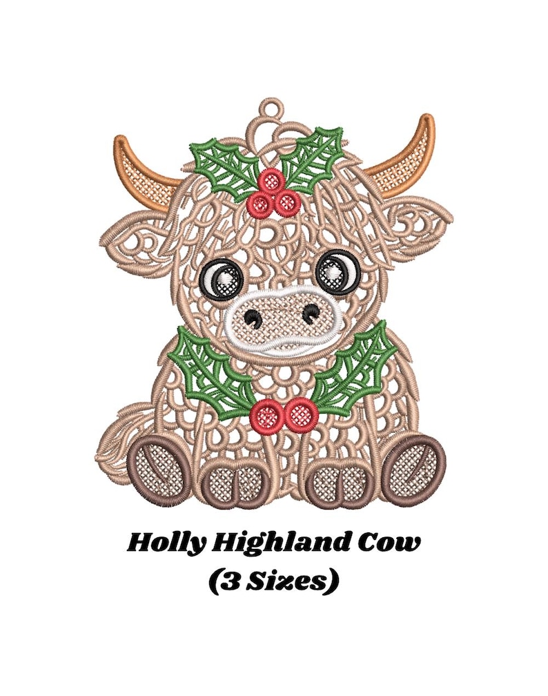 May include: An embroidery design of a tan Highland cow with a curly line pattern, featuring green holly leaves and red berries on its head and neck. The text below reads Holly Highland Cow (3 Sizes) in a bold black serif font on a white background.