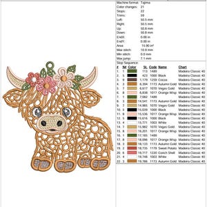 May include: A production worksheet for a Floral Highland Cow 4in embroidery design. The document displays technical specifications, including 19,788 stitches, a 4.00 inch height, and a 3.98 inch width, alongside a detailed color stop sequence chart.