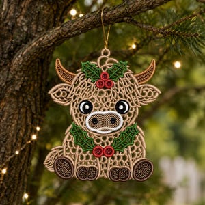 May include: A tan, lace-style embroidered ornament shaped like a Highland cow. The cow features brown horns, black and white eyes, and a white muzzle. It is decorated with green holly leaves and red berries on its head and chest, hanging by a gold cord.