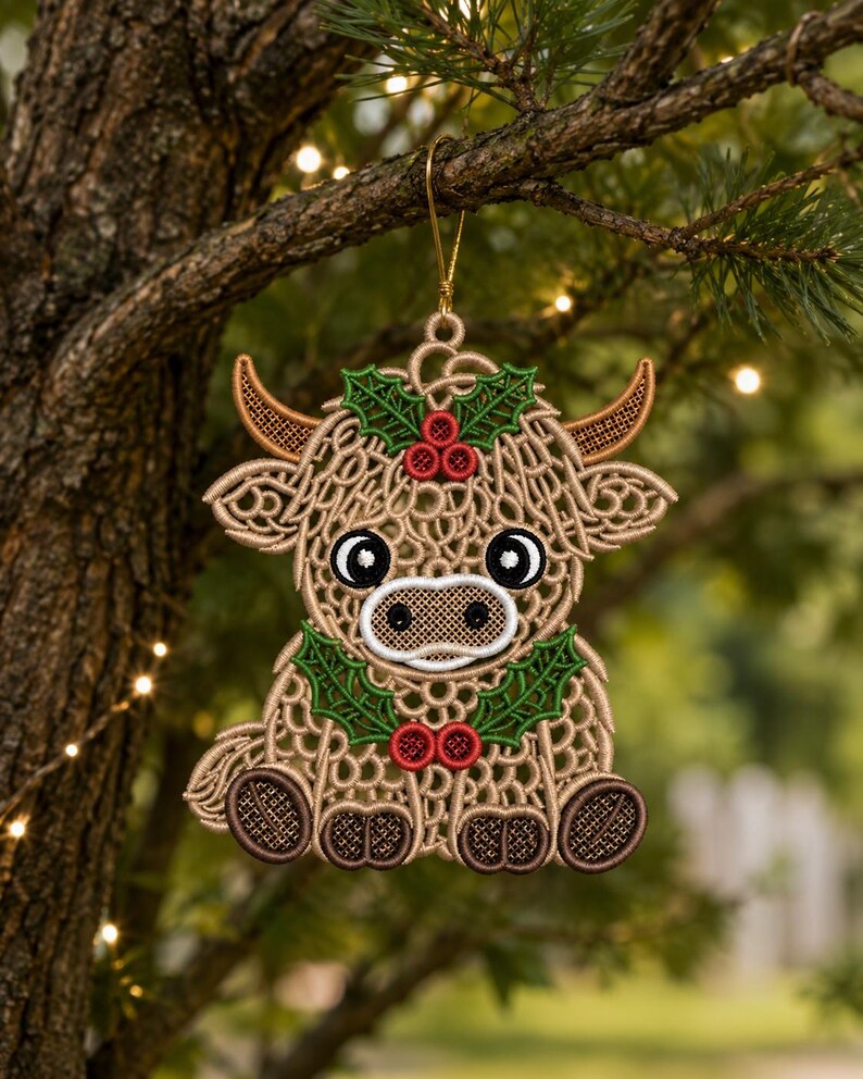 May include: A tan, lace-style embroidered ornament shaped like a Highland cow. The cow features brown horns, black and white eyes, and a white muzzle. It is decorated with green holly leaves and red berries on its head and chest, hanging by a gold cord.