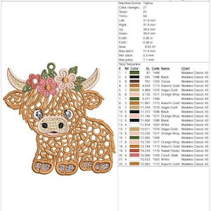 May include: A digital production worksheet for an embroidery design titled Floral Highland Cow 3in. The image displays a brown Highland cow illustration with pink flowers on its head, alongside technical specifications including 15,065 stitches.