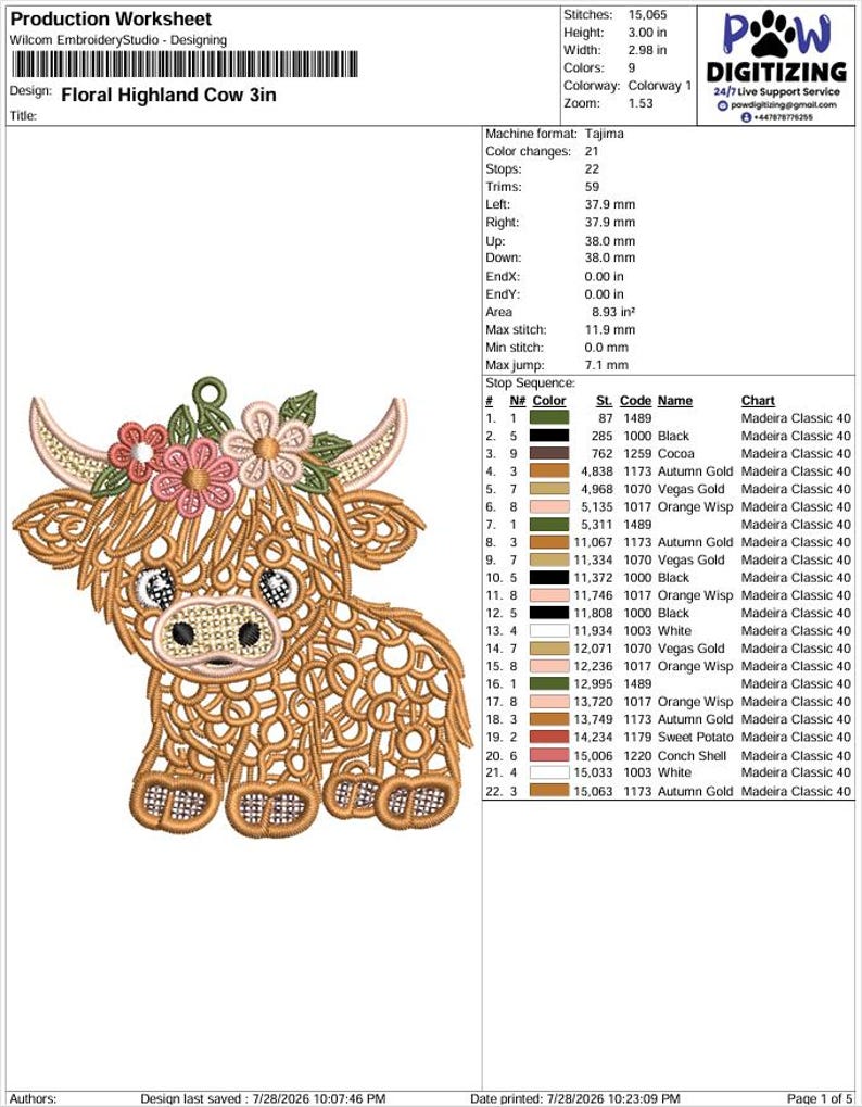 May include: A digital production worksheet for an embroidery design titled Floral Highland Cow 3in. The image displays a brown Highland cow illustration with pink flowers on its head, alongside technical specifications including 15,065 stitches.