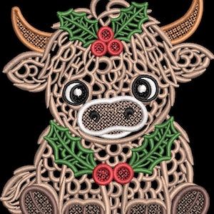 May include: A tan, lace-style embroidered ornament shaped like a highland cow. The cow features brown horns, black and white eyes, and is decorated with green holly leaves and red berries on its head and chest. It includes a small loop at the top.