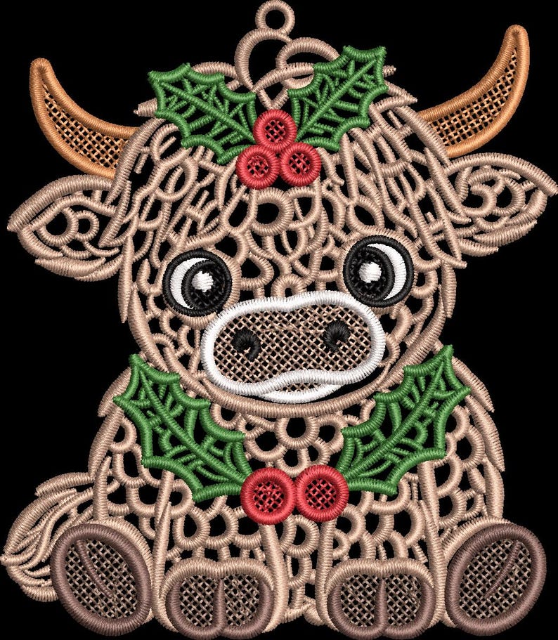 May include: A tan, lace-style embroidered ornament shaped like a highland cow. The cow features brown horns, black and white eyes, and is decorated with green holly leaves and red berries on its head and chest. It includes a small loop at the top.