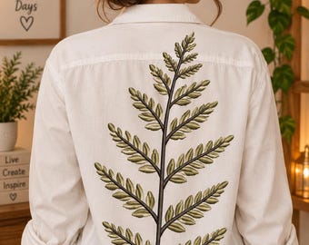 Disegno per ricamo di una piccola fronda di felce, file per ricamo a macchina di una foglia botanica