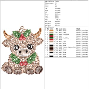 May include: A digital embroidery production worksheet for a Holly Highland Cow design. The graphic shows a tan, lace-style cow with horns, wearing green holly leaves and red berries. The document includes technical specifications, a stop sequence table, and thread color codes for Madeira Classic 40.