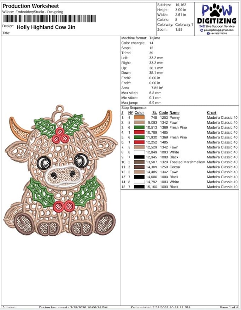 May include: A digital embroidery production worksheet for a Holly Highland Cow design. The graphic shows a tan, lace-style cow with horns, wearing green holly leaves and red berries. The document includes technical specifications, a stop sequence table, and thread color codes for Madeira Classic 40.