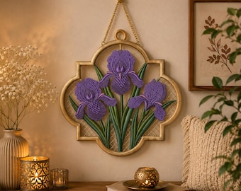 Ricamo a macchina con disegno di iris viola / Ornamento floreale (download digitale)